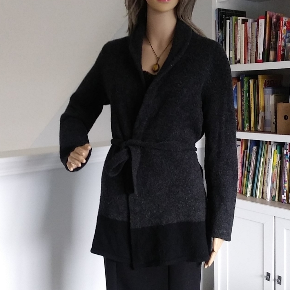 Eddie Bauer 100% Lambswool Cardigan color block grandma cabin winter tie waist